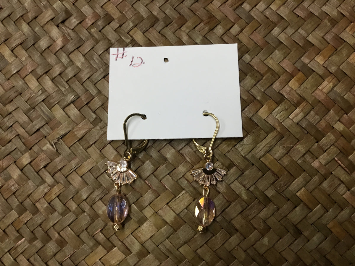 Geri Greene gold earring fan bead pink stone