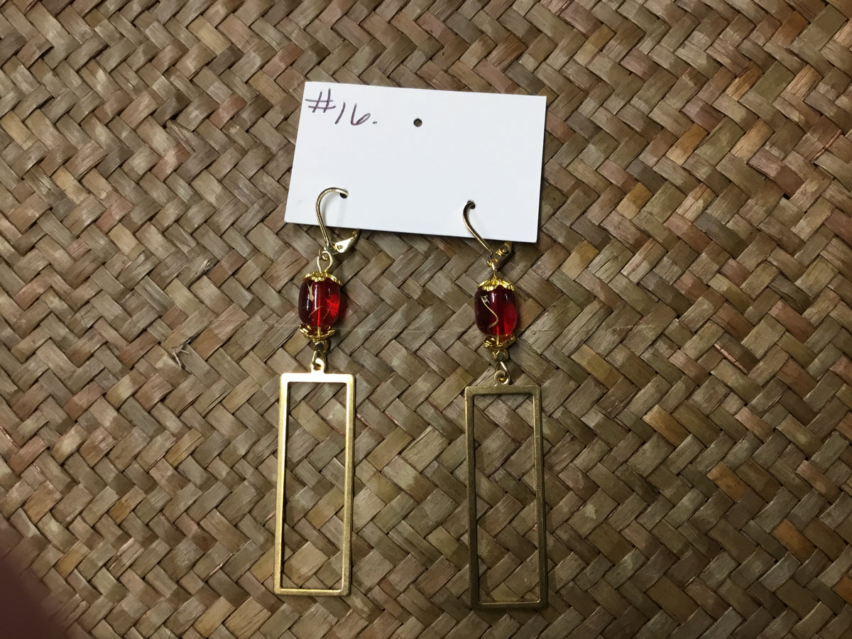 Geri Greene gold rectangular earring red stone