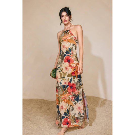 Tropical Floral Halter Neck Open Back Maxi Dress