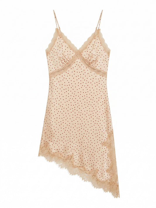 POLKA DOT LACE TRIM ASYMMETRICAL SLIP DRESS