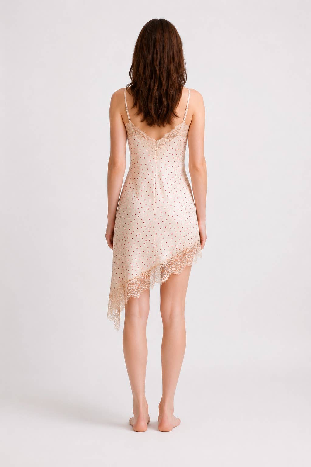POLKA DOT LACE TRIM ASYMMETRICAL SLIP DRESS