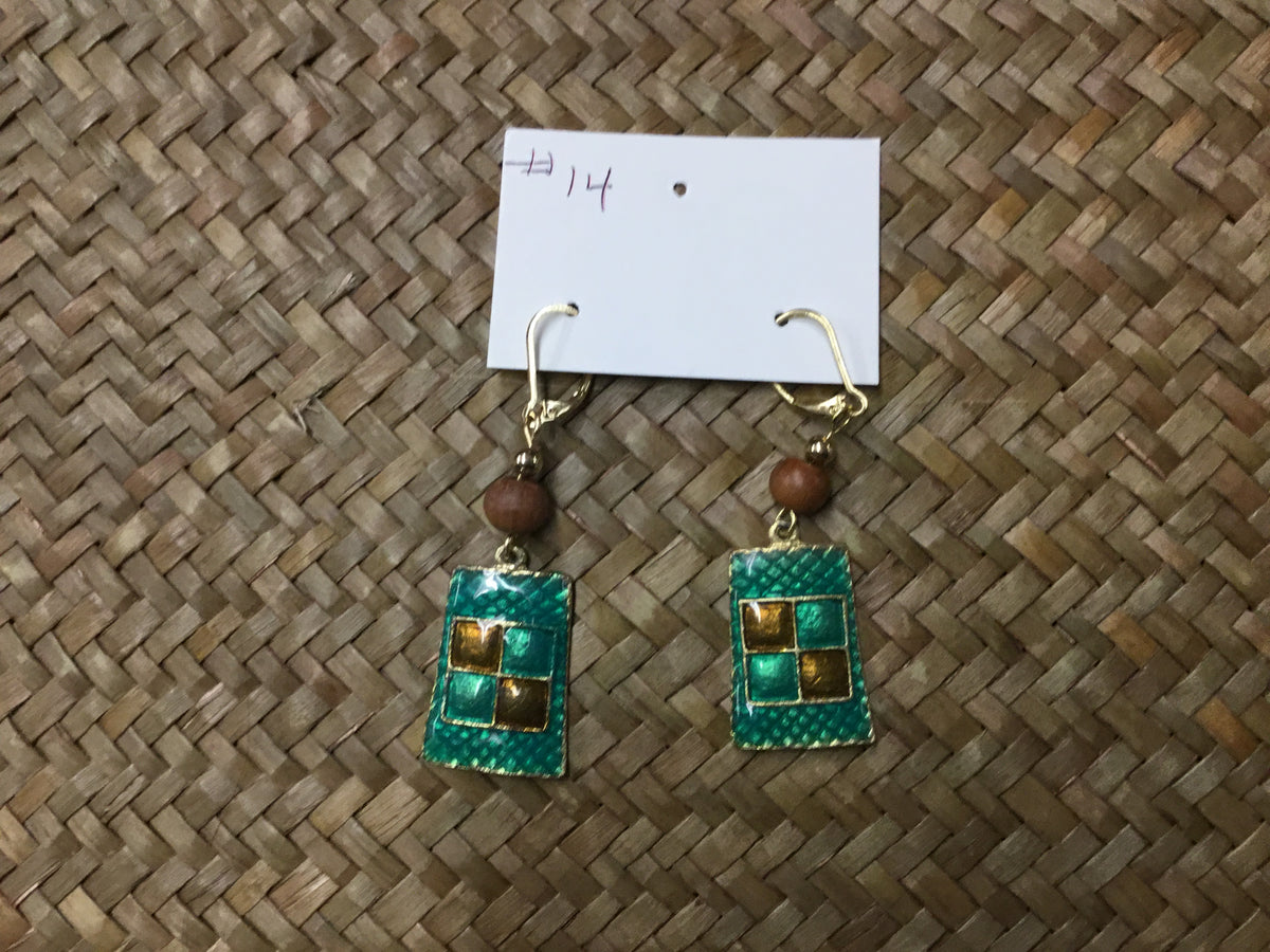 Geri Greene gold earring wood bead green/brown pendant