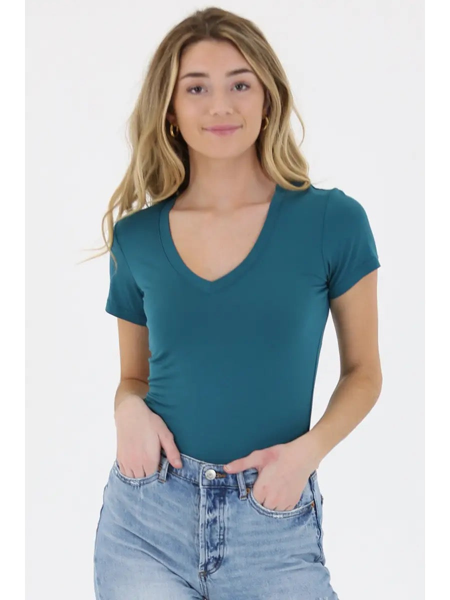 Angie V Neck Teal Short Sleeve Shirt
