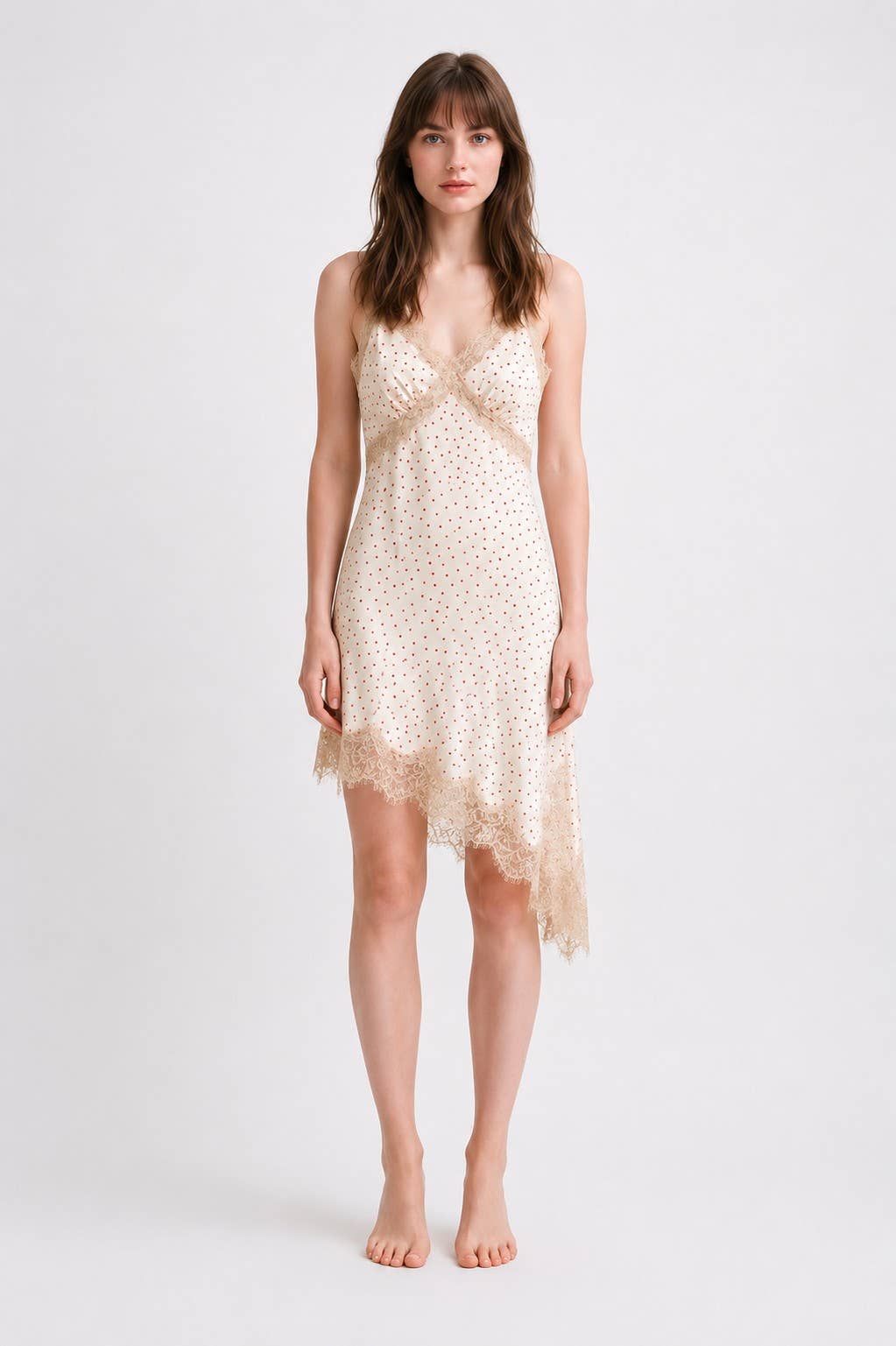 POLKA DOT LACE TRIM ASYMMETRICAL SLIP DRESS