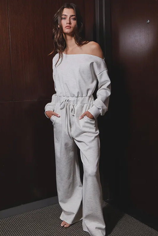 Bucket List Long Sleeve One Shoulder Jumpsuit in Sand