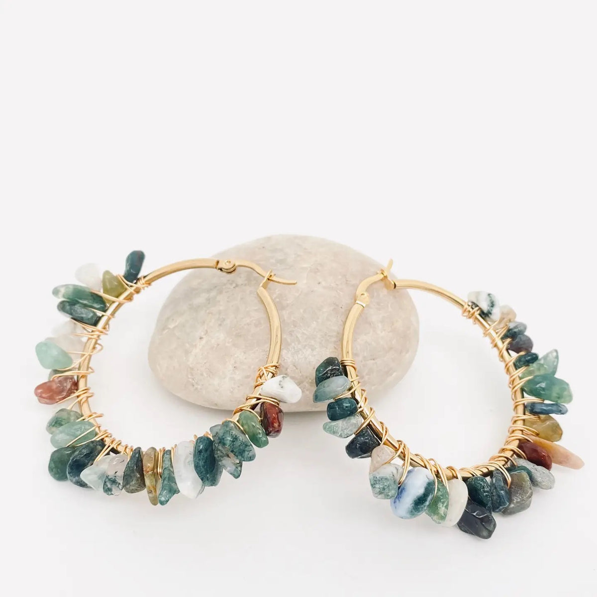 Green Flower Stone Hoop Earrings