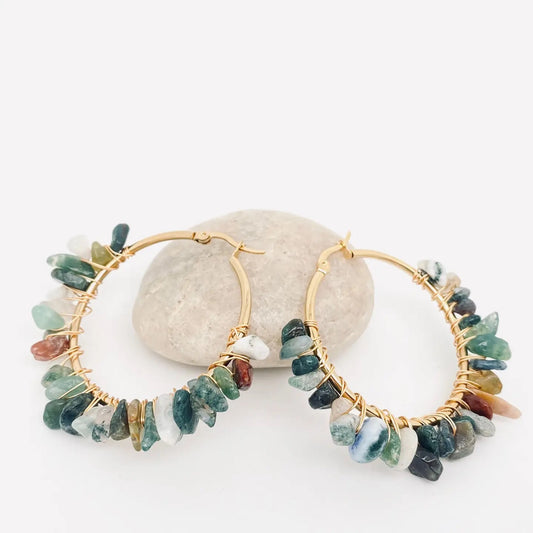 Green Flower Stone Hoop Earrings
