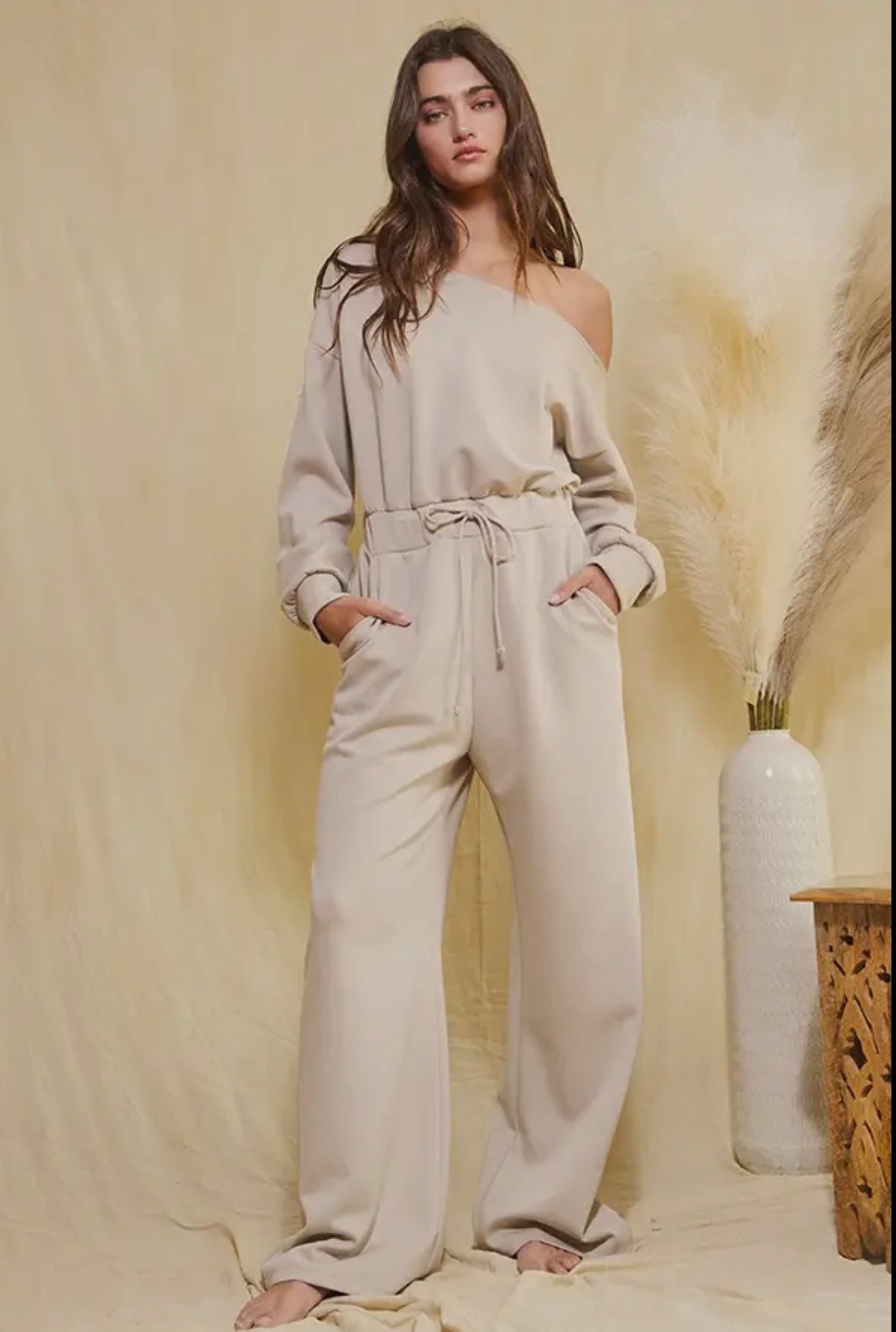 Bucket List Long Sleeve One Shoulder Jumpsuit in Sand