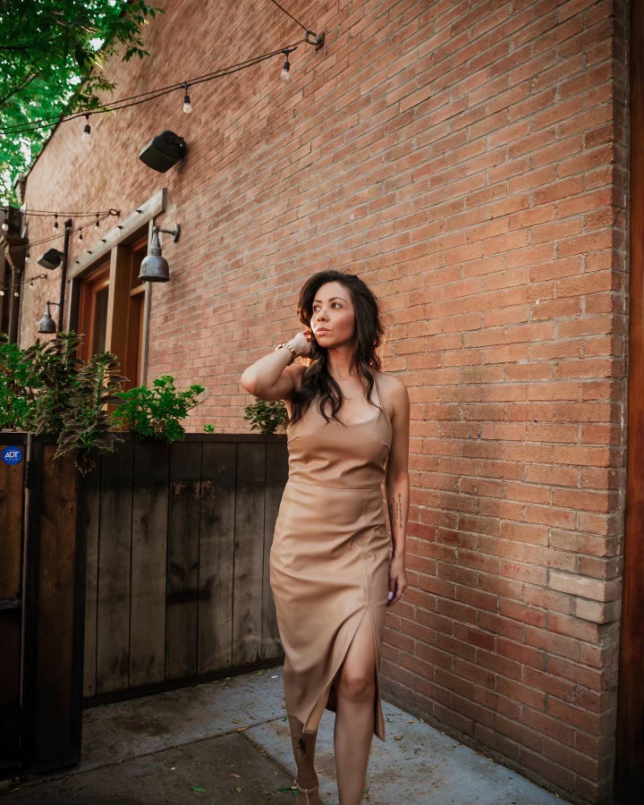 Fate camel midi pencil dress