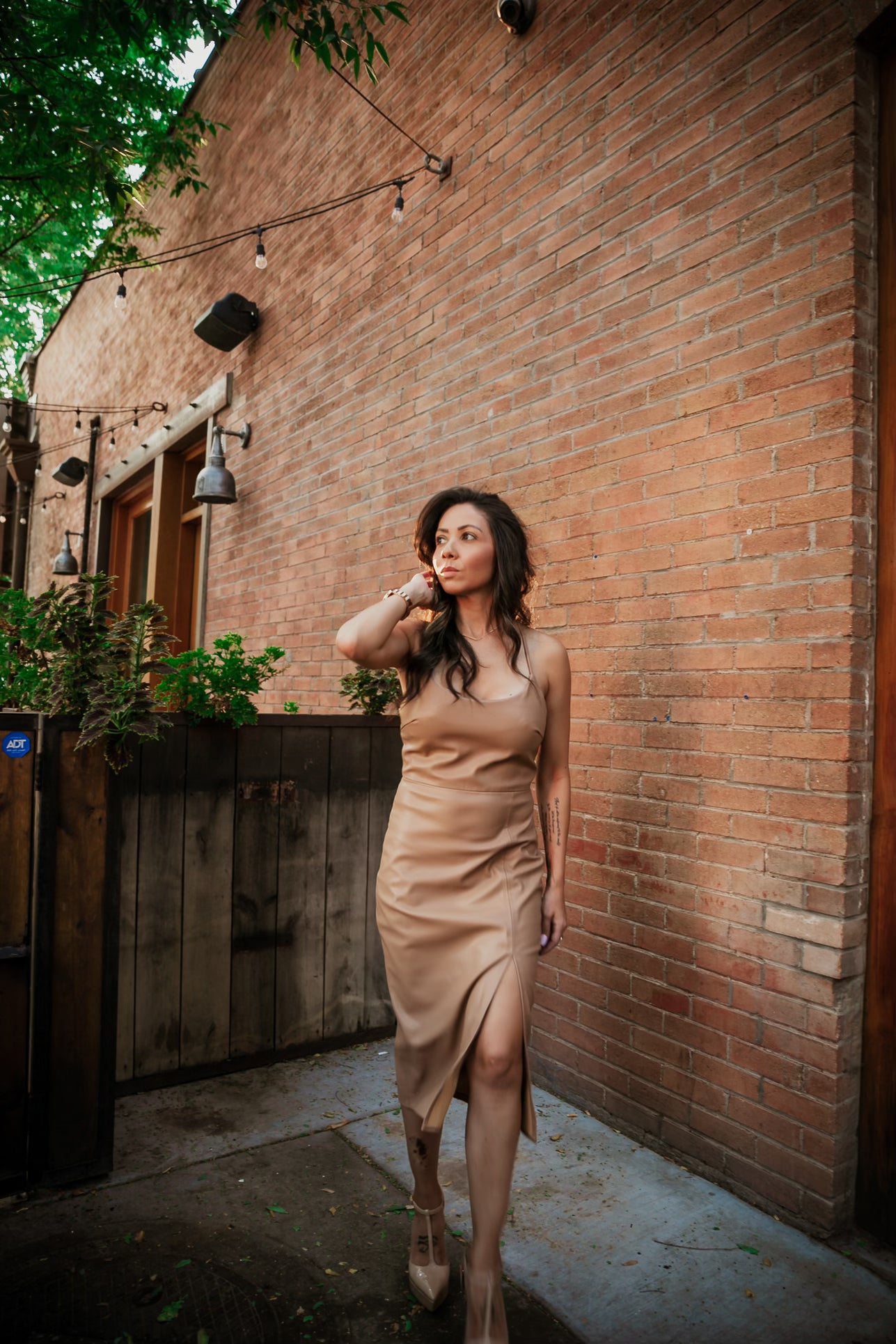 Fate camel midi pencil dress