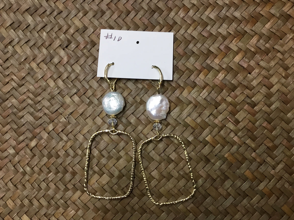 Geri Greene gold rectangular hoop pearl earring