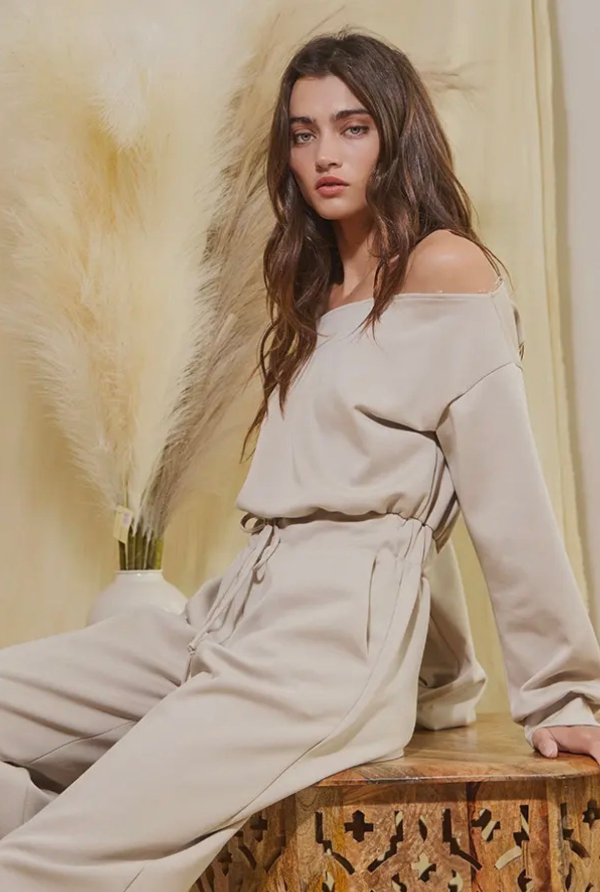 Bucket List Long Sleeve One Shoulder Jumpsuit in Sand