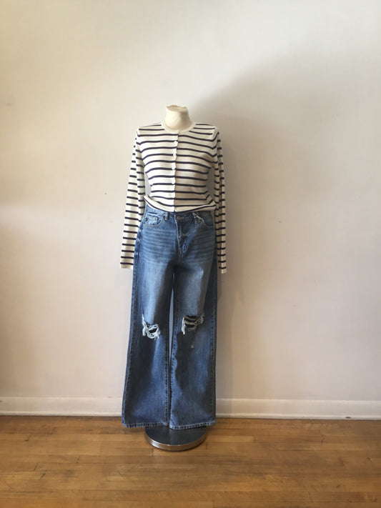 Double Zero Navy and Cream Stripped Knitted Sweater