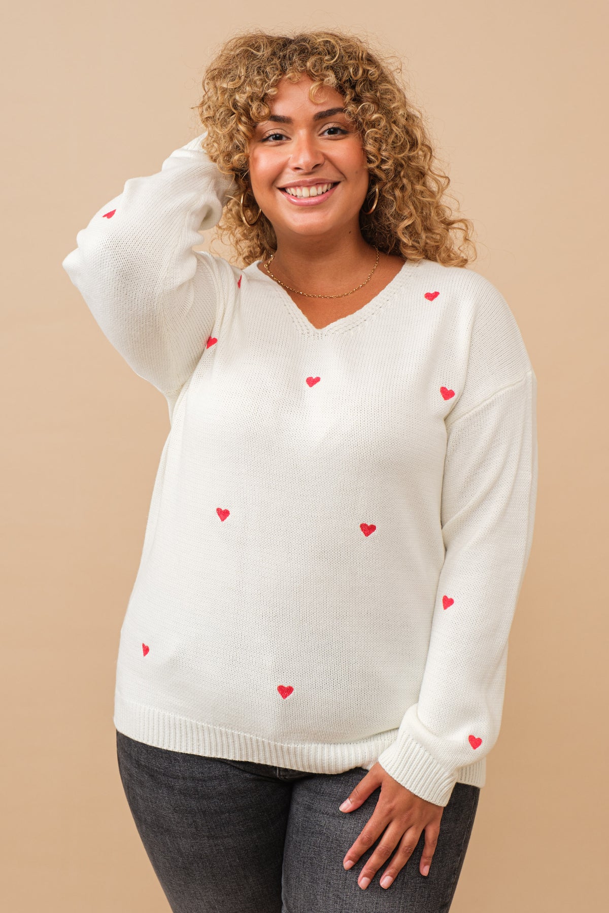 Plus Cozy Scoop Neck Heart Sweater