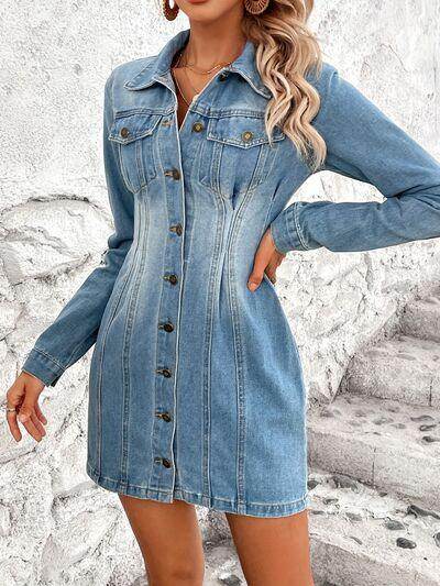 Pocketed Button Up Long Sleeve Denim Dress for Women